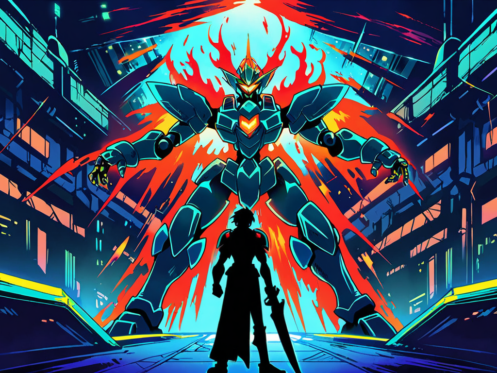 Kikai Hanran — lone survivor facing a towering mecha in a neon-lit station corridor