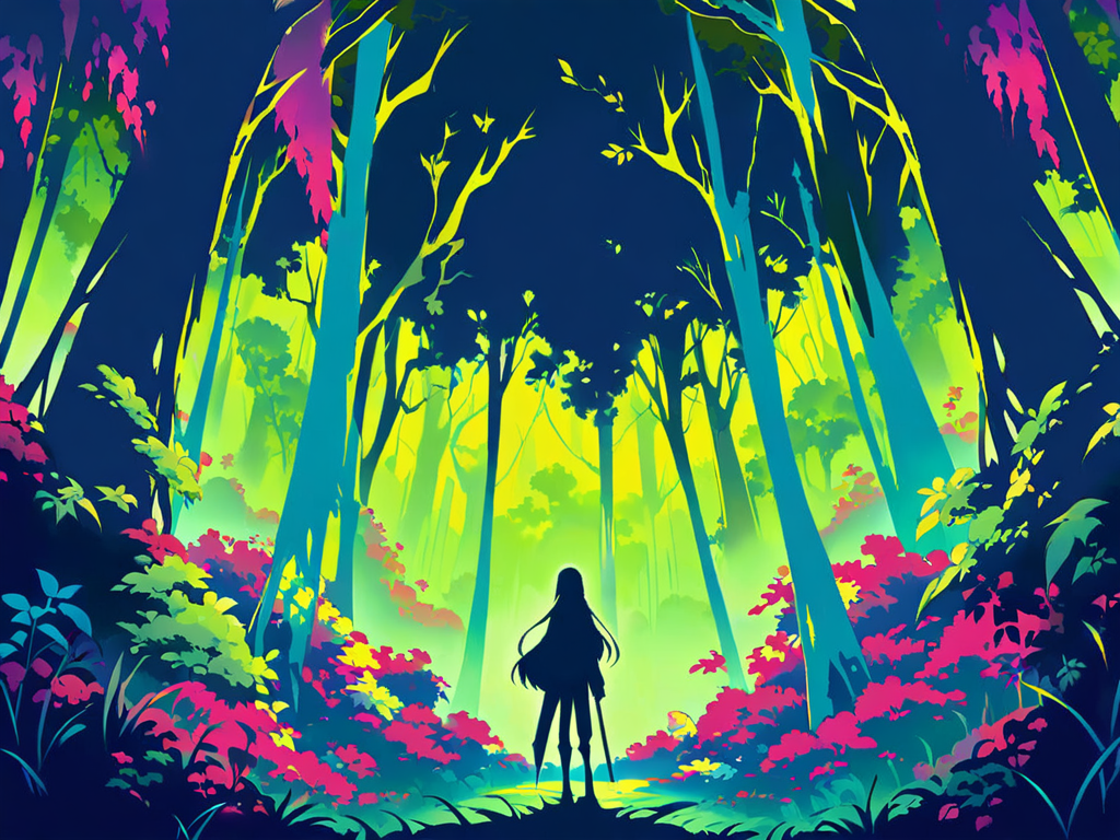 Mayoi no Mori — lone traveler at the threshold of a neon-lit lost forest
