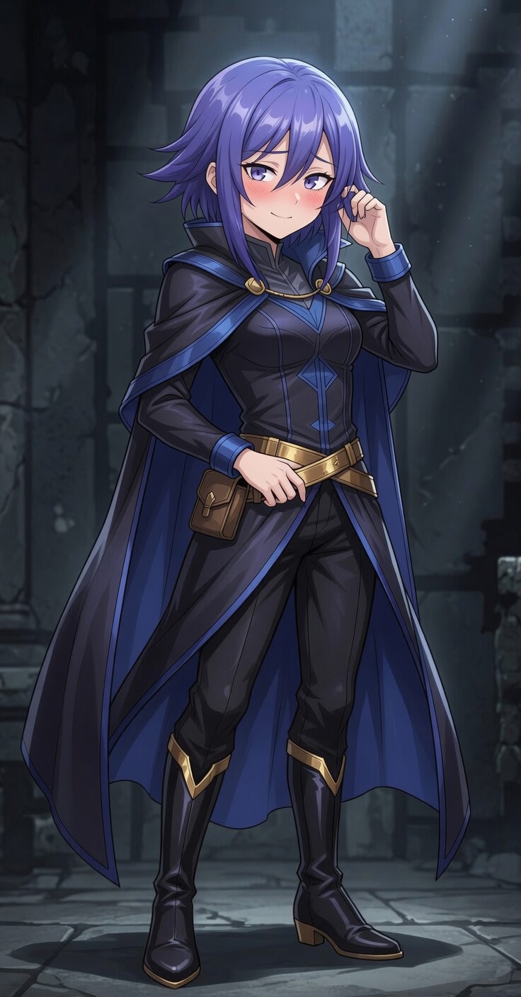 Koisuru Maō — Demon Lord character inspiration, purple hair and blue cloak in a stone dungeon