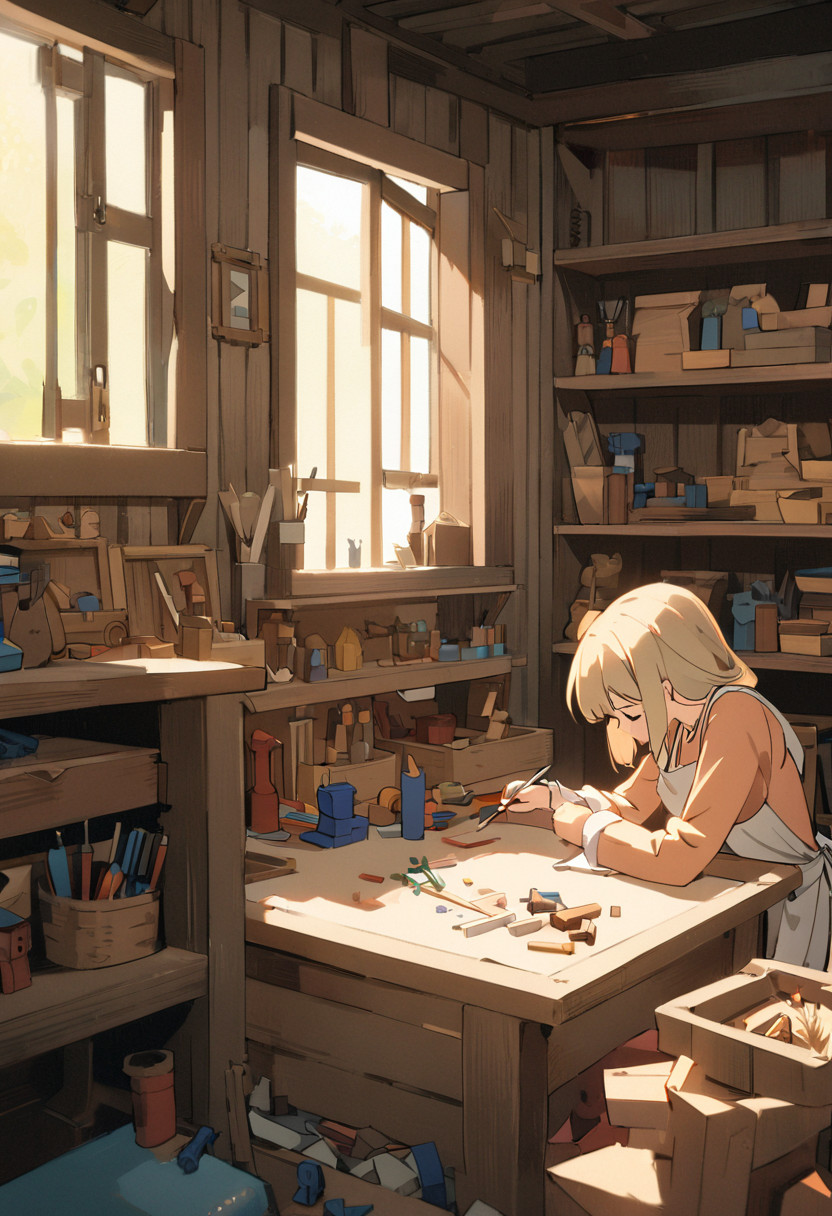 Katachi — smith at the workbench, side view in a sunlit wooden forge