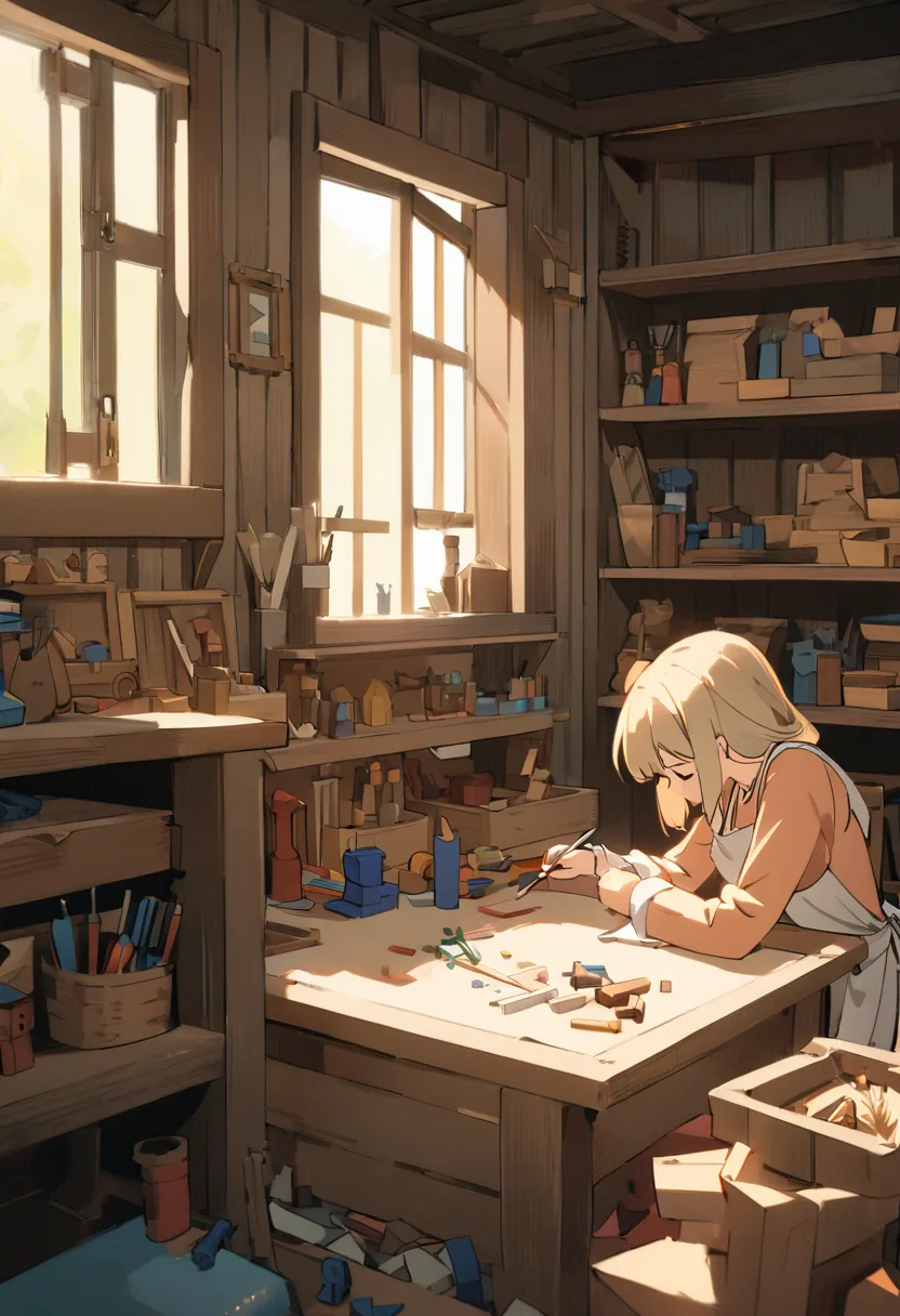 Katachi — smith at the workbench, side view in a sunlit wooden forge