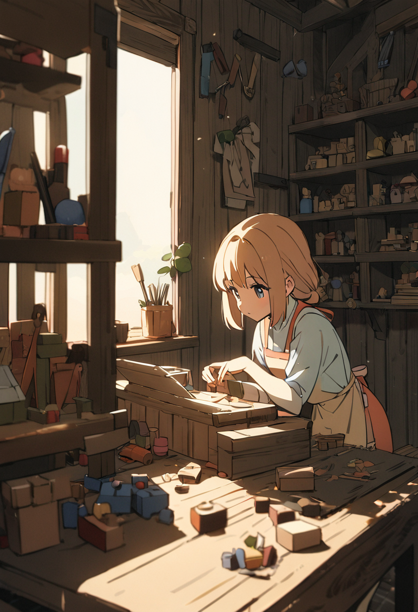 Katachi — concentrated craft at a cluttered forge workbench, dust in the light