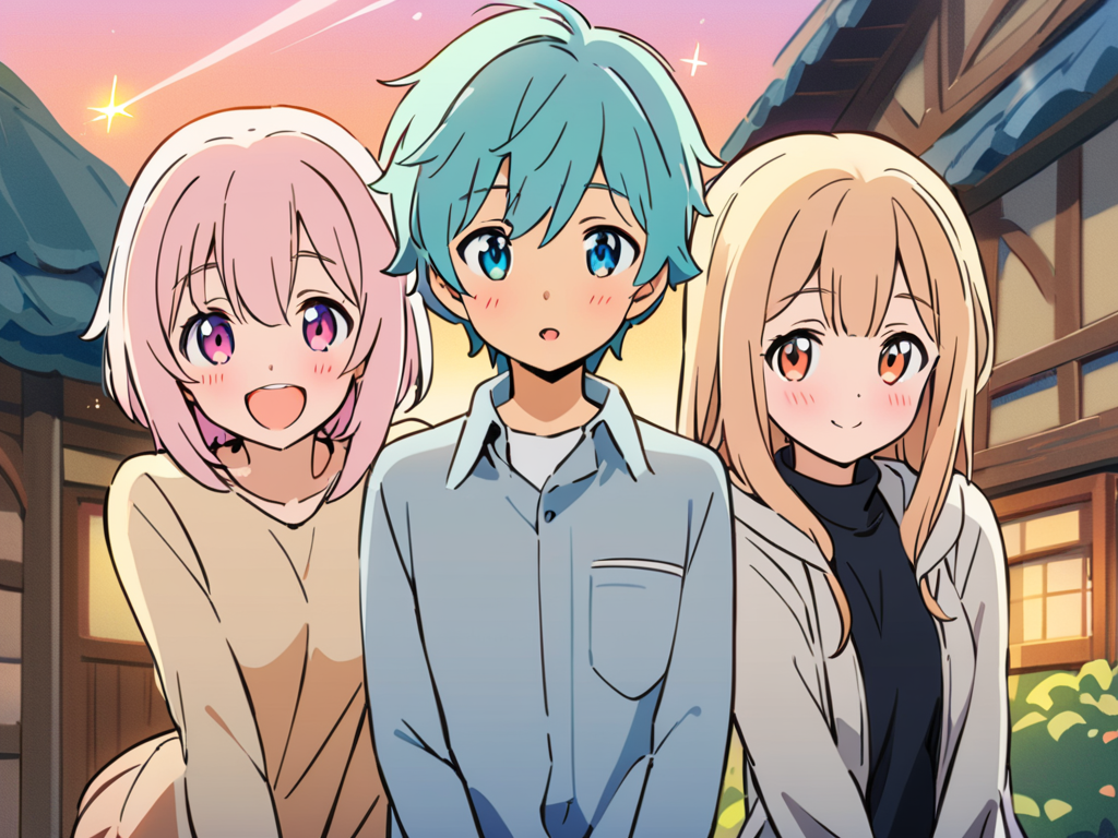 MyTwoWives — Kenji with two companions at sunset in a traditional Aethoria village