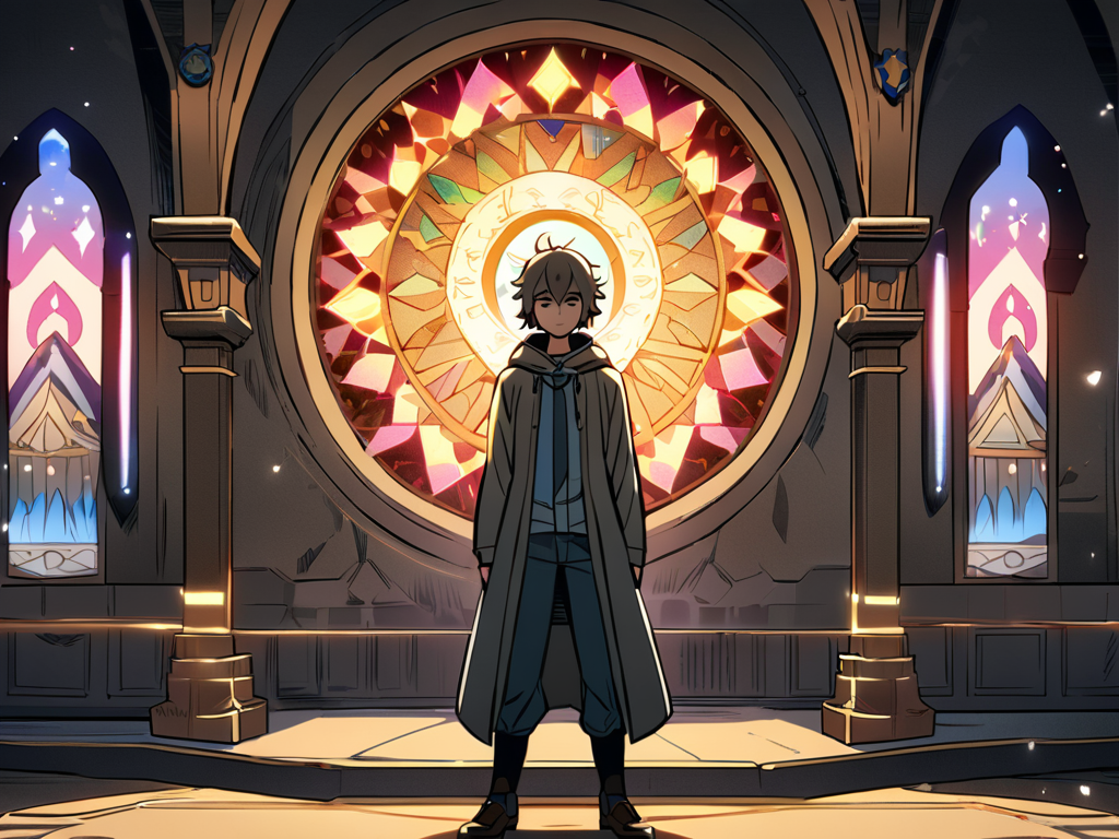 Not My First Isekai — Takumi in a trench coat standing before a glowing rose window in a cathedral