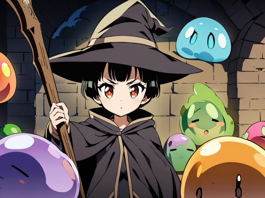 Nururu — young witch with staff surrounded by colorful slimes in a stone dungeon