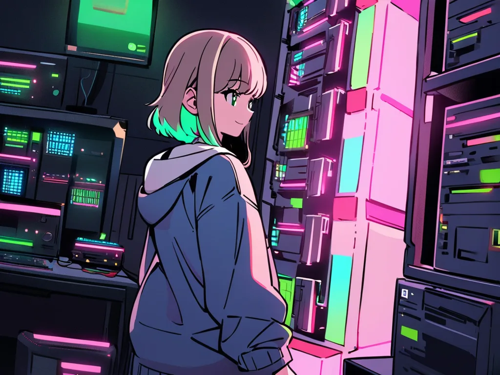 RigLife Tokyo — operator turning toward a tall glowing server rack in a cramped tech closet
