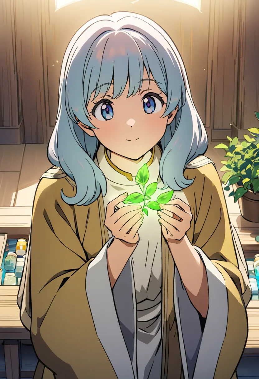 RoleWorld: Cleric — healer holding glowing herbs in a warm apothecary